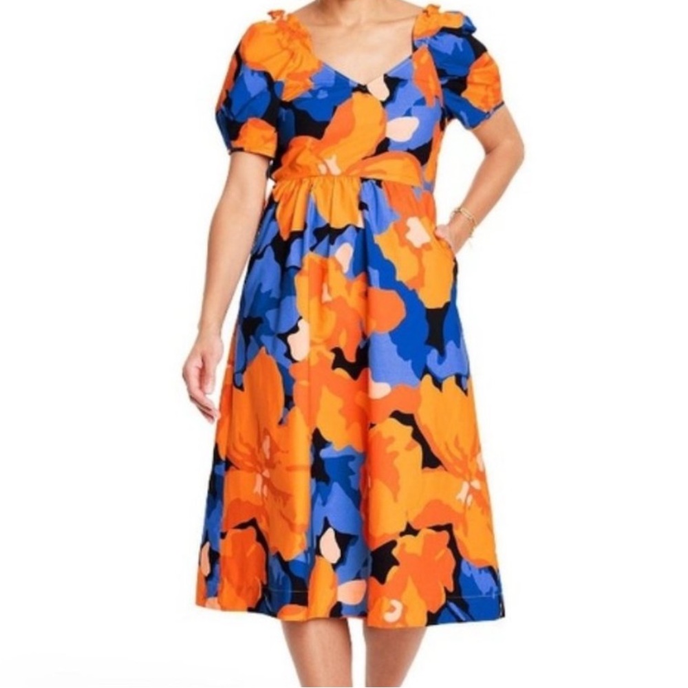 Tabitha Brown for Target Orange and Blue V-Neck Midi Cut Out Dress